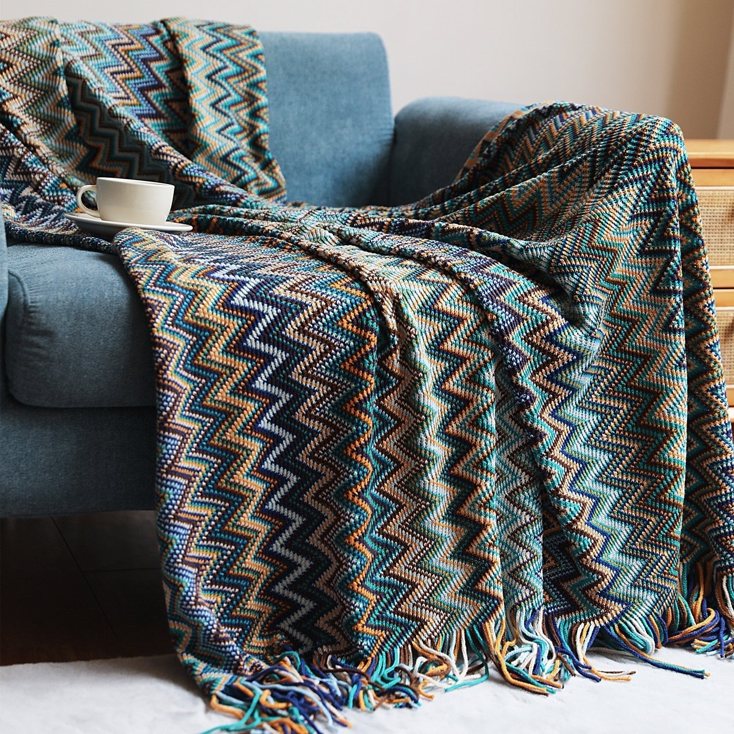 Handwoven Boho Chevron Coverlet in Earthy Colors – Soft and Stylish Bedspread - Image 8